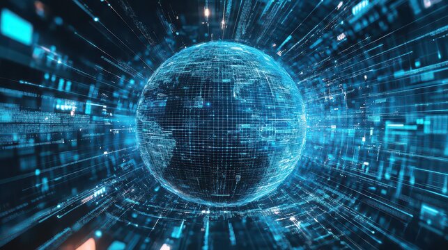 Futuristic holographic digital globe with AI data streams in neon blue cyber space