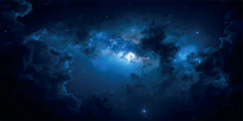 Blue Planet Earth Floating in Space with Clouds and Stars Background © pixel park