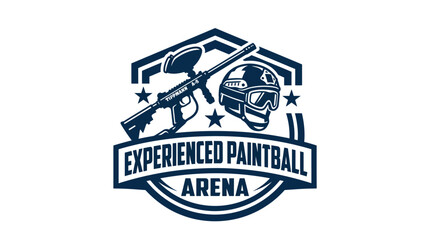 Experienced Paintball Arena emblem with rifle and helmet, vector logo design © goeng_art