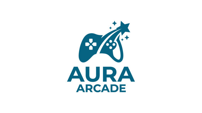 Gaming logo with controller and star, flat design, arcade concept