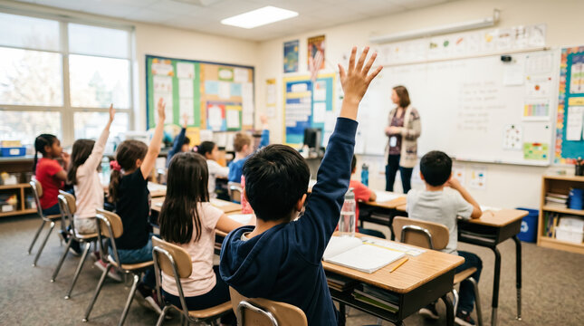 Elementary students raising hands in a bright classroom while a teacher leads a lesson, showing active learning, participation, diversity and education concept.