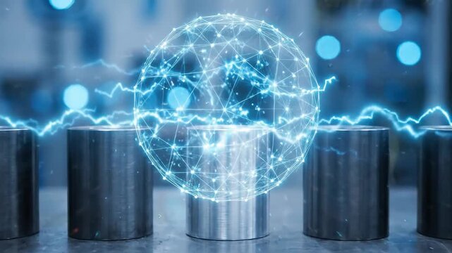 Digital network sphere with electric flow over metal cylinders industrial setting, futuristic technology concept featuring glowing connection lines