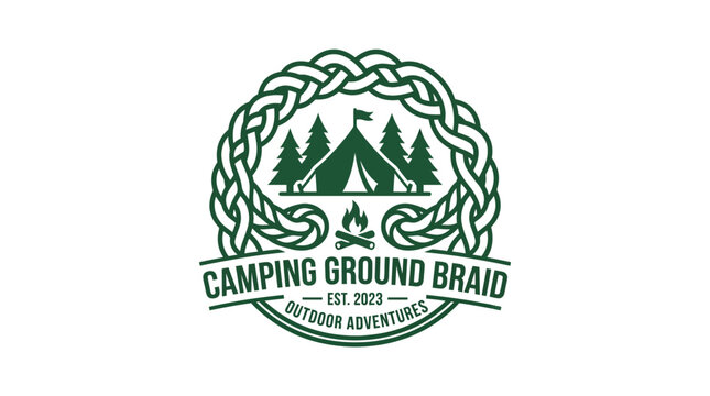 Vintage camping logo with tent, trees and campfire, set in a braided circle