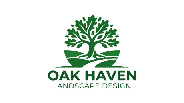 Green tree logo with path and hills graphic element, vector illustration