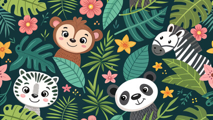 Naklejka premium Seamless pattern with cute jungle animals, monkey, zebra, tiger and panda, tropical leaves and flowers on dark green background, vector illustration