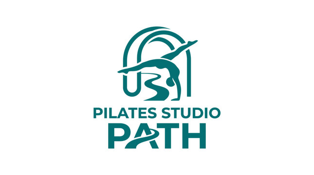 Pilates studio logo with stylized figure and abstract path element