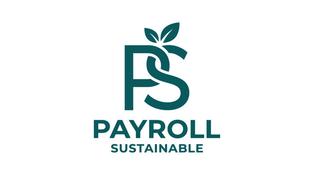 Modern PS logo with leaves, Payroll Sustainable text, vector graphic