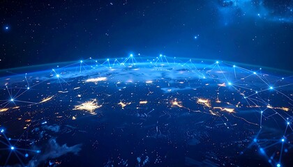 Fototapeta premium City lights on Earth seen from space, connected by a digital network, under a dark blue sky filled with stars
