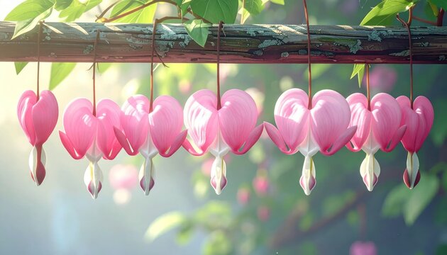 Delicate Pink Bleeding Heart Flowers Hanging from a Branch in Soft Sunlight.