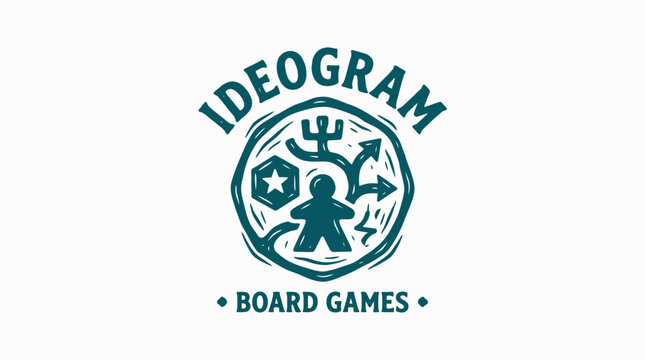 Board game logo with ideogram and player figure, teal ink stamp style