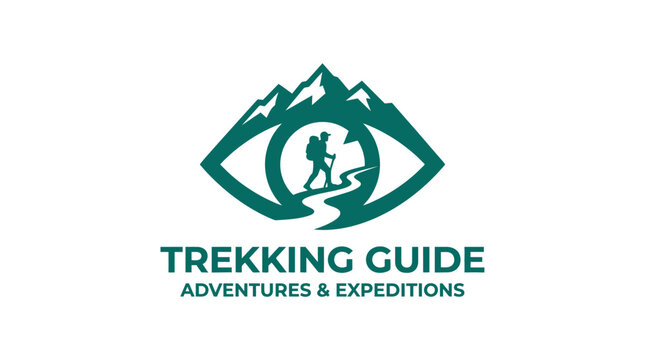 Adventure eye logo with mountain hiker and winding path inside