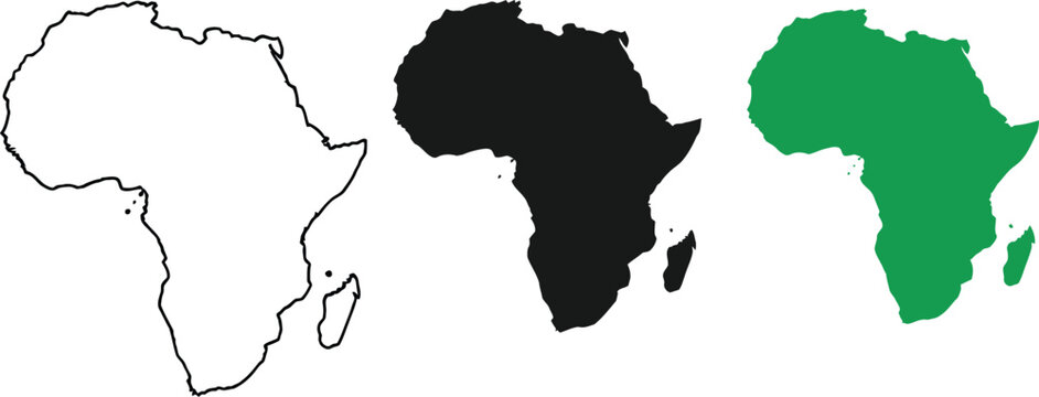 Set of africa continent maps in outline black silhouette and green solid style