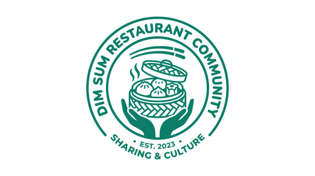 Dim Sum restaurant community logo with hands holding a bamboo steamer basket of food