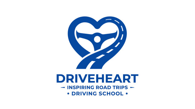Heart shaped road with steering wheel graphic element, driving school logo concept