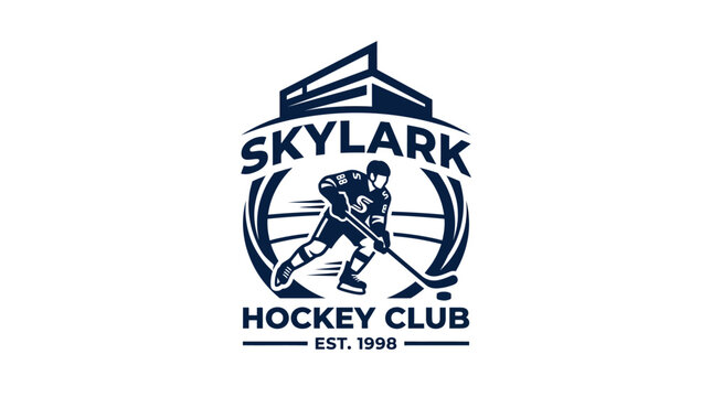 Vintage hockey club emblem with player and building graphic element