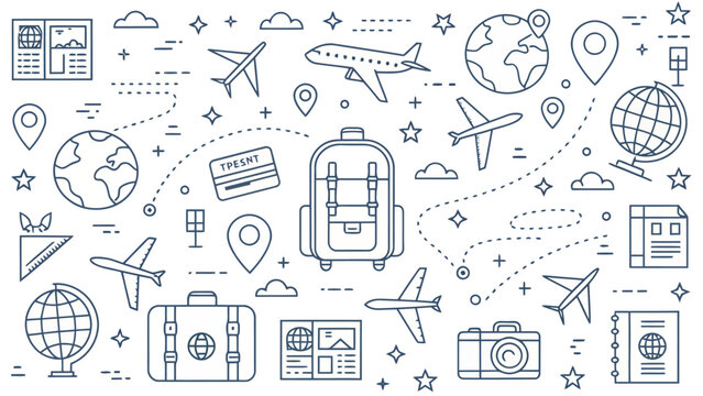 Travel and tourism seamless pattern with icons of airplane, globe, backpack, suitcase, map, camera and passport