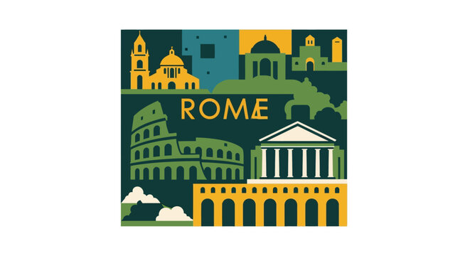 Colorful Illustrated Landmarks and Monuments of Rome City.