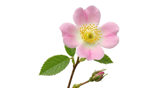 Single blooming pink wild rose flower with green leaves and a small closed bud on isolated transparent background.