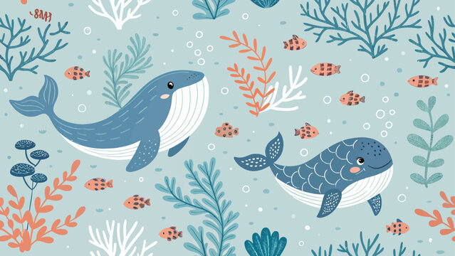 Seamless pattern with cute whales and fish in the ocean vector illustration for kids, fabric, wallpaper, wrapping paper, textile, nursery decor