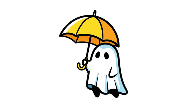 Cute Cartoon Ghost Character Holding a Yellow Umbrella Illustration