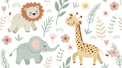 Obraz premium Seamless pattern with cute cartoon animals lion, elephant and giraffe, surrounded by flowers and leaves