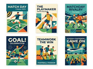 Fototapeta premium Vibrant collection of illustrated soccer match day posters depicting player action, team spirit, and stadium excitement.