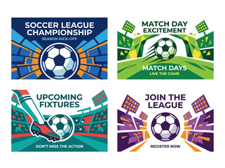 Naklejka premium Vibrant soccer league championship banners, match day promotion, energetic vector illustrations for sports events, kick-off.
