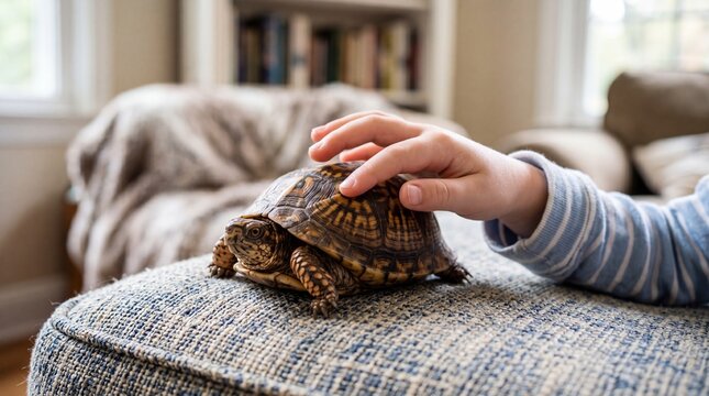 A child's hand pets a box turtle on a blue cushion. It conveys gentle curiosity and quiet trust.