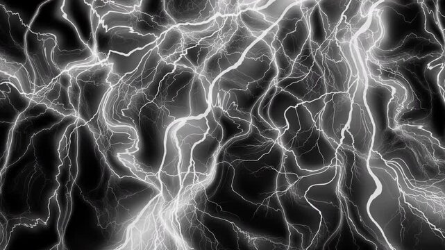 Bright electric lightning strikes create jagged white energy patterns against a dark abstract black background. Suitable for dynamic design projects.
