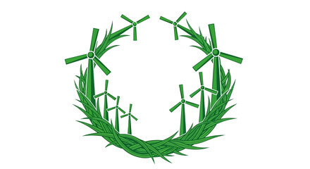 Green energy wreath with wind turbines, sustainable power concept © syarifah