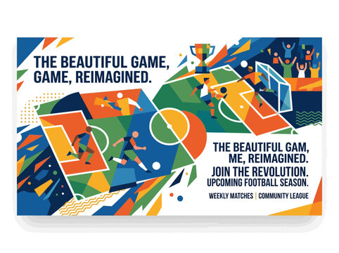 Vibrant Football League Campaign Banner: Reimagined Game Experience with Dynamic Players, Cheering Fans, Community Matches.