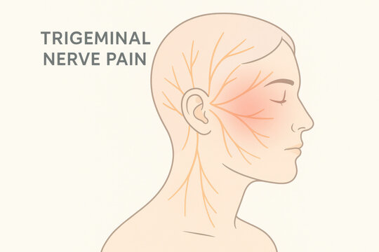 Clean healthcare illustration of trigeminal nerve pain mapped across woman face profile branching line extending from ear toward facial region showing silent discomfort with closed eye