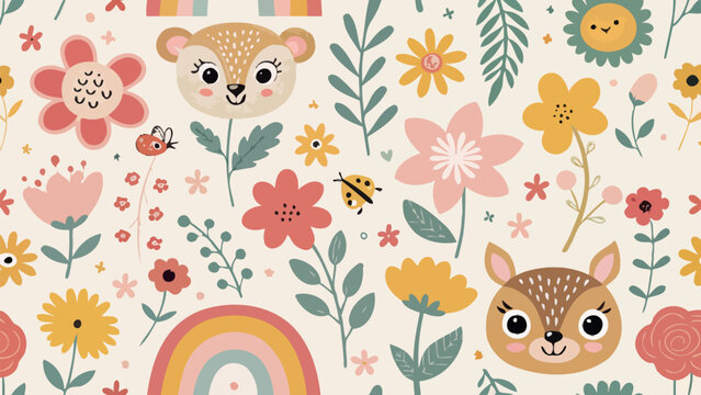 Seamless pattern with cute deer faces, colorful flowers, rainbows and ladybugs whimsical woodland nursery wallpaper design for kids
