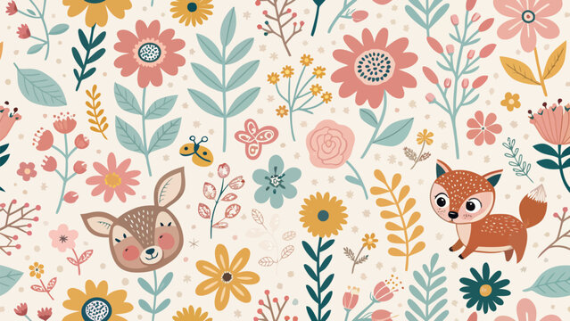 Seamless pattern with cute forest animals, deer and fox, surrounded by flowers, leaves, and butterflies in a whimsical, handdrawn style