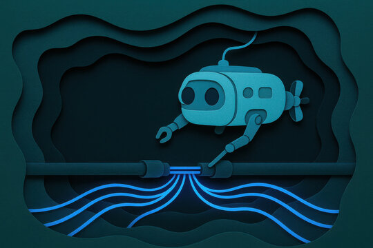 Focused submersible robot executing submarine cable repair mission. Industrious layered paper illustration of deep ocean underwater fiber optic infrastructure and glowing blue data stream