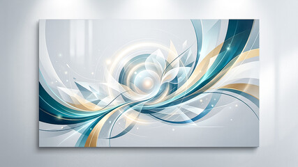 Fototapeta premium Elegant Abstract Flowing Curves and Swirls Design with Radiant Light Effects, Modern Art Background in Teal, Gold, and White Tones