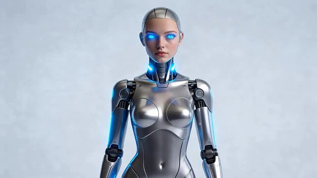 Futuristic female robot with glowing blue lights