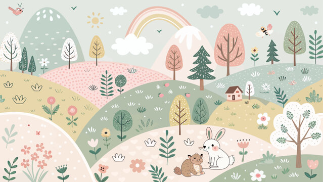 Cute seamless pattern with cartoon forest, mountains, rainbow, bunny and squirrel nursery wallpaper, kids room decor, vector illustration