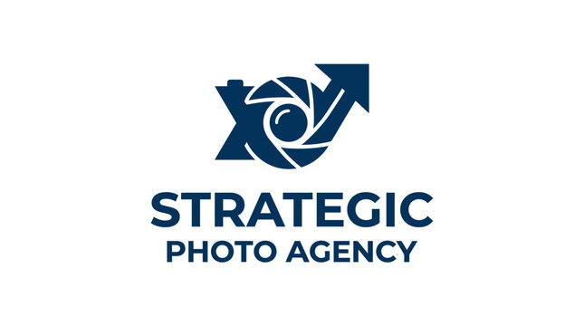 Dark blue camera lens logo with upward arrow for strategic photo agency
