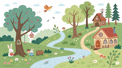 Fototapeta premium Cute cartoon landscape with a cozy house, a river, a large tree, and a rabbit, vector illustration of a peaceful forest scene for childrens books