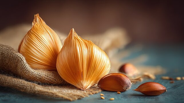 Two large shiny golden onion bulbs resting on rustic burlap fabric with smaller brown nut kernels on a dark surface