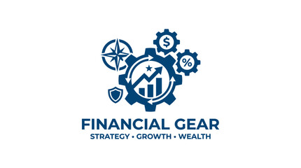 Fototapeta premium Financial gear graphic element with compass, shield, and chart for business strategy