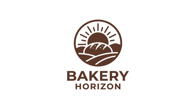 Vector logo for bakery with sun, bread, and fields