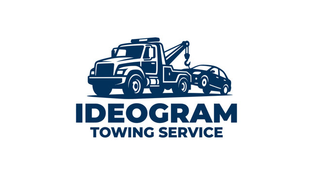Tow truck towing a car with "IDEOGRAM TOWING SERVICE" text, vector illustration