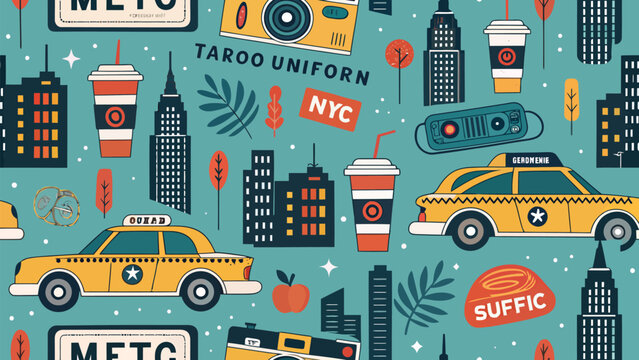 Seamless pattern with new york city elements, including yellow taxis, skyscrapers, coffee cups, cameras, and urban icons on a teal background