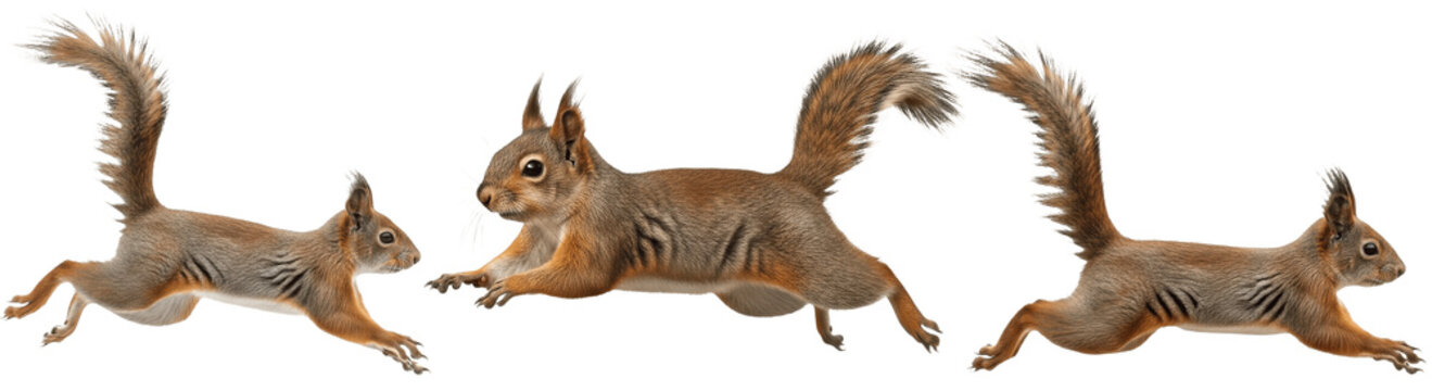 A Set of playful squirrel running PNG sprites, fluffy tailed forest rodent in energetic motion sequence for animation, game design, transparent background woodland asset

