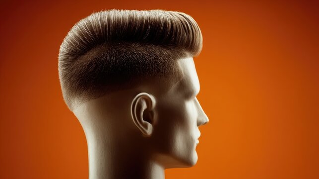 Stylish Haircut Displaying Modern Pompadour Hairstyle on Male Model Against Vibrant Orange Background