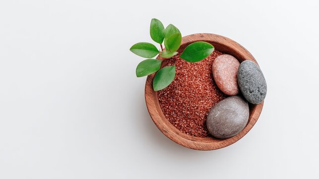 A wooden bowl containing red sand small smooth river stones and a small green plant sprout on a white surface background