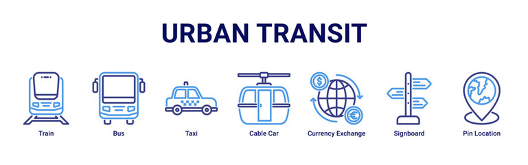 Urban Transit web banner icon vector illustration with icons of Train, Bus, Taxi, Cable Car, Currency Exchange, Signboard and Pin Location © Arjuna