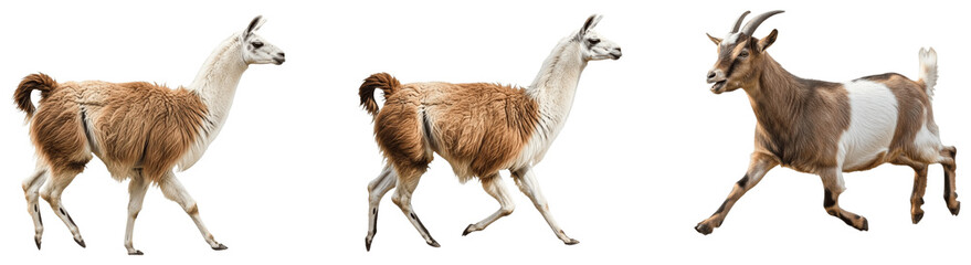Naklejka premium A Set of graceful llamas walking PNG sprites, soft brown and white pack animals in motion sequence for animation, game design, transparent background asset